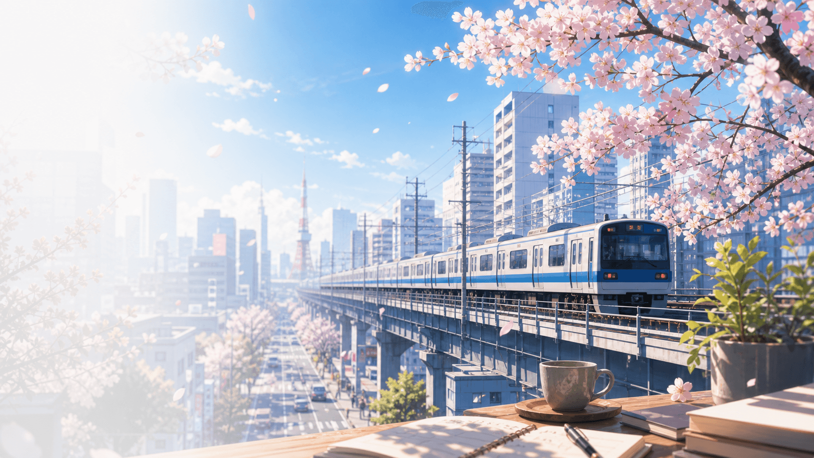 Japanese study desk overlooking a Tokyo train line in spring